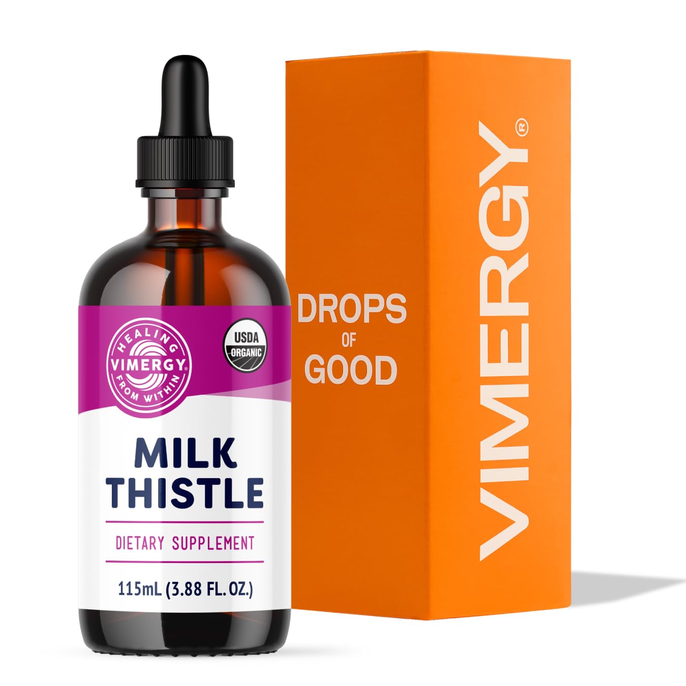 Vimergy Milk Thistle bottle pour, showcasing 20x potency for daily liver support