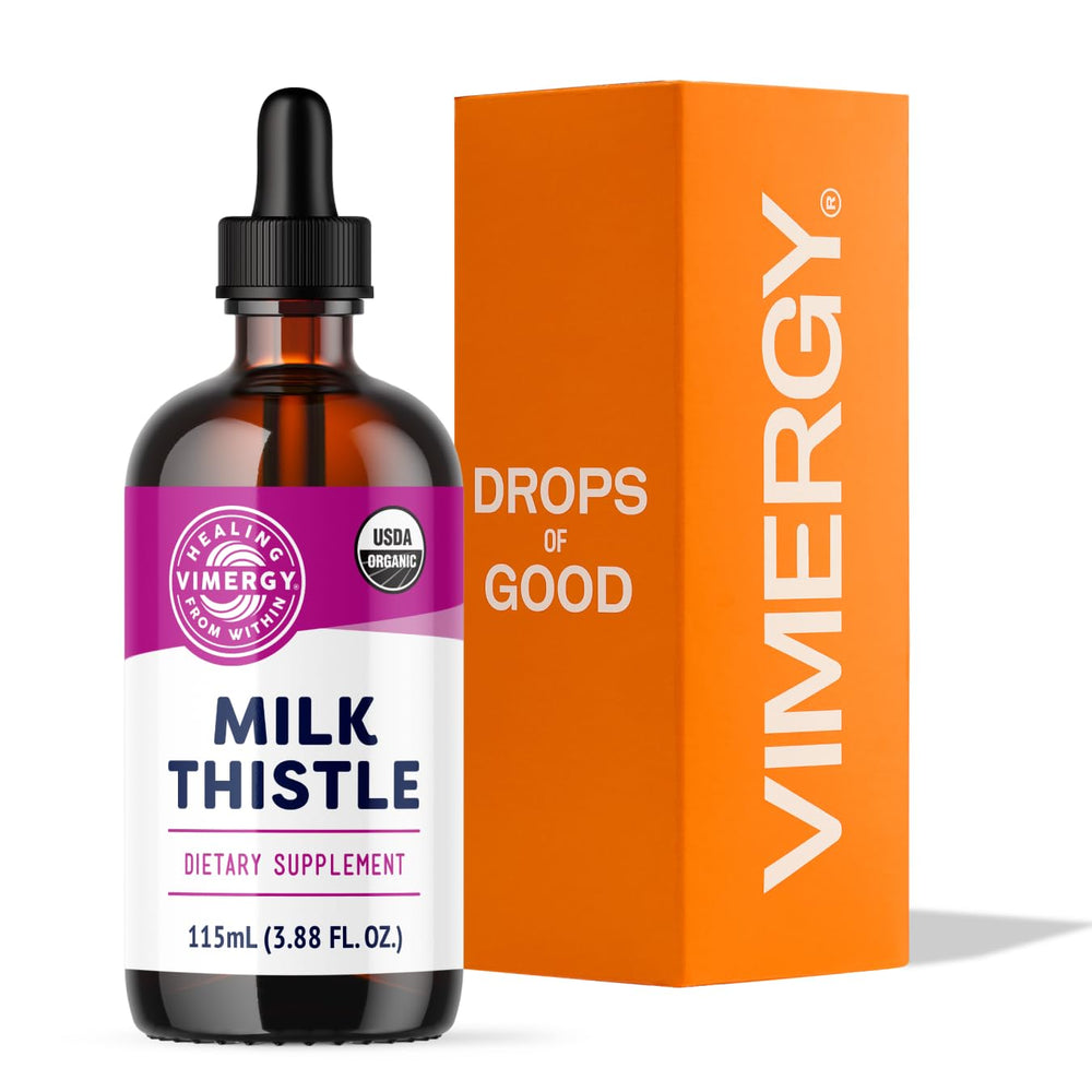Vimergy Milk Thistle bottle pour, showcasing 20x potency for daily liver support