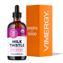 Vimergy Milk Thistle bottle pour, showcasing 20x potency for daily liver support