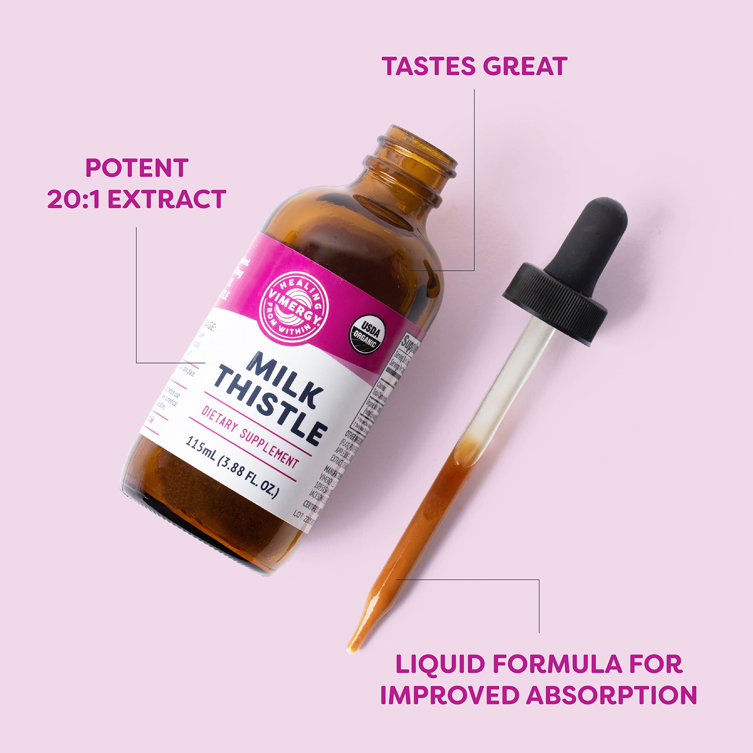 Vimergy Milk Thistle label close-up, highlighting organic certification