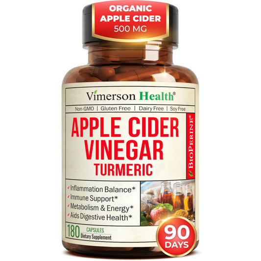 Vimerson Health apple cider vinegar turmeric bottle on kitchen counter may aid digestion