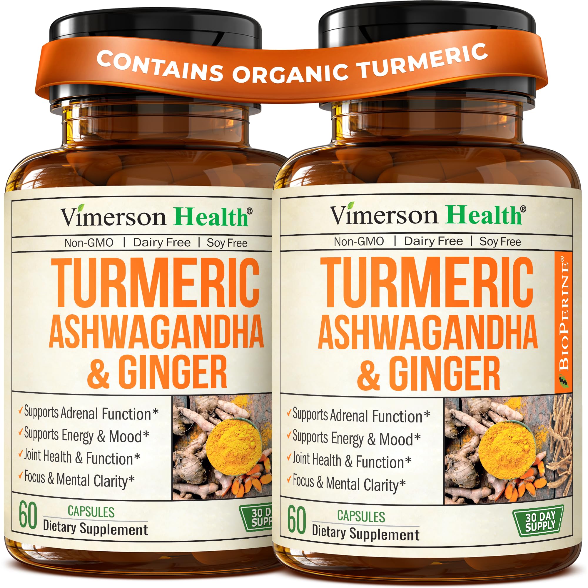Vimerson Health Ashwagandha Turmeric Curcumin bottle supports joint comfort.