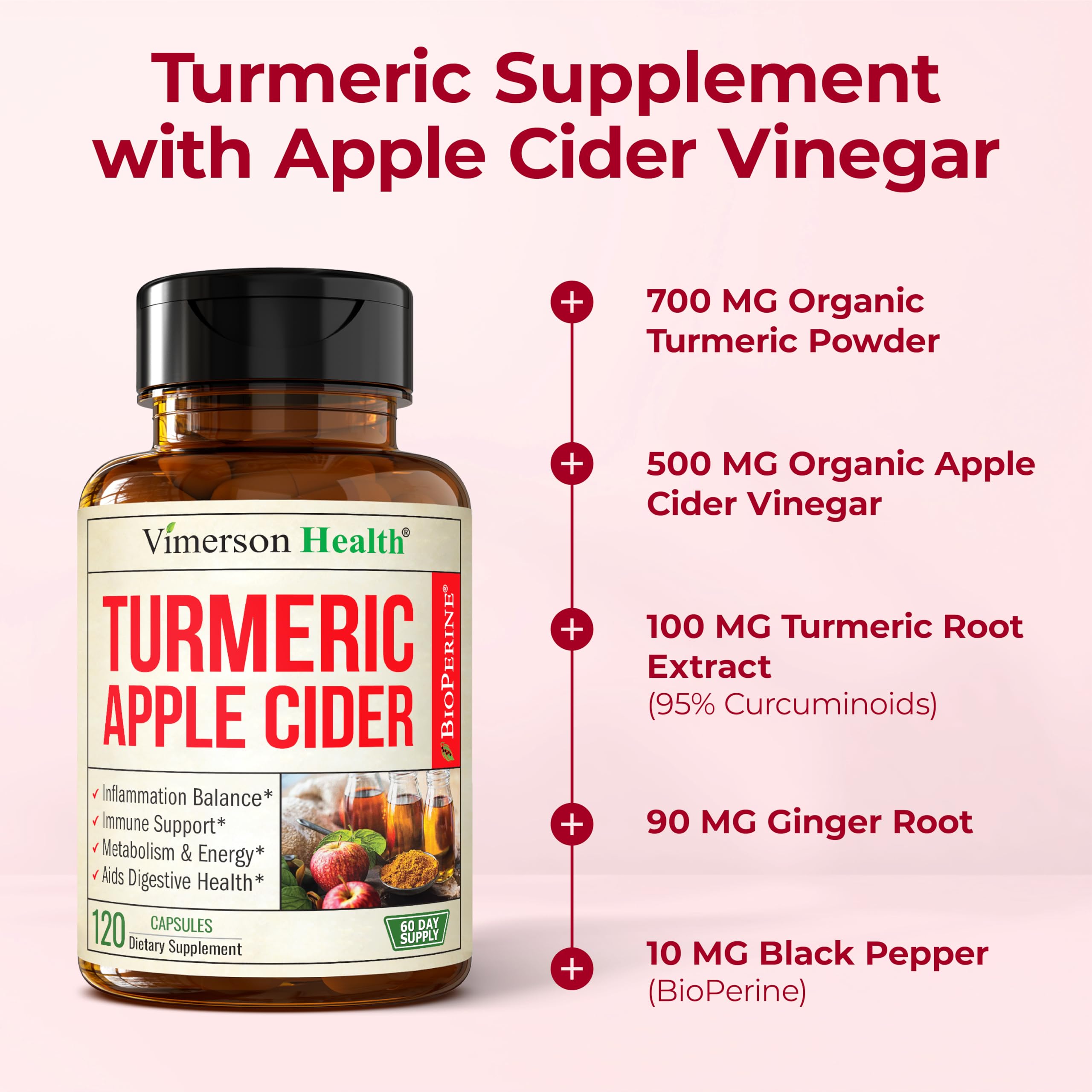 Vimerson Health black pepper extract capsules highlights enhanced curcumin absorption.