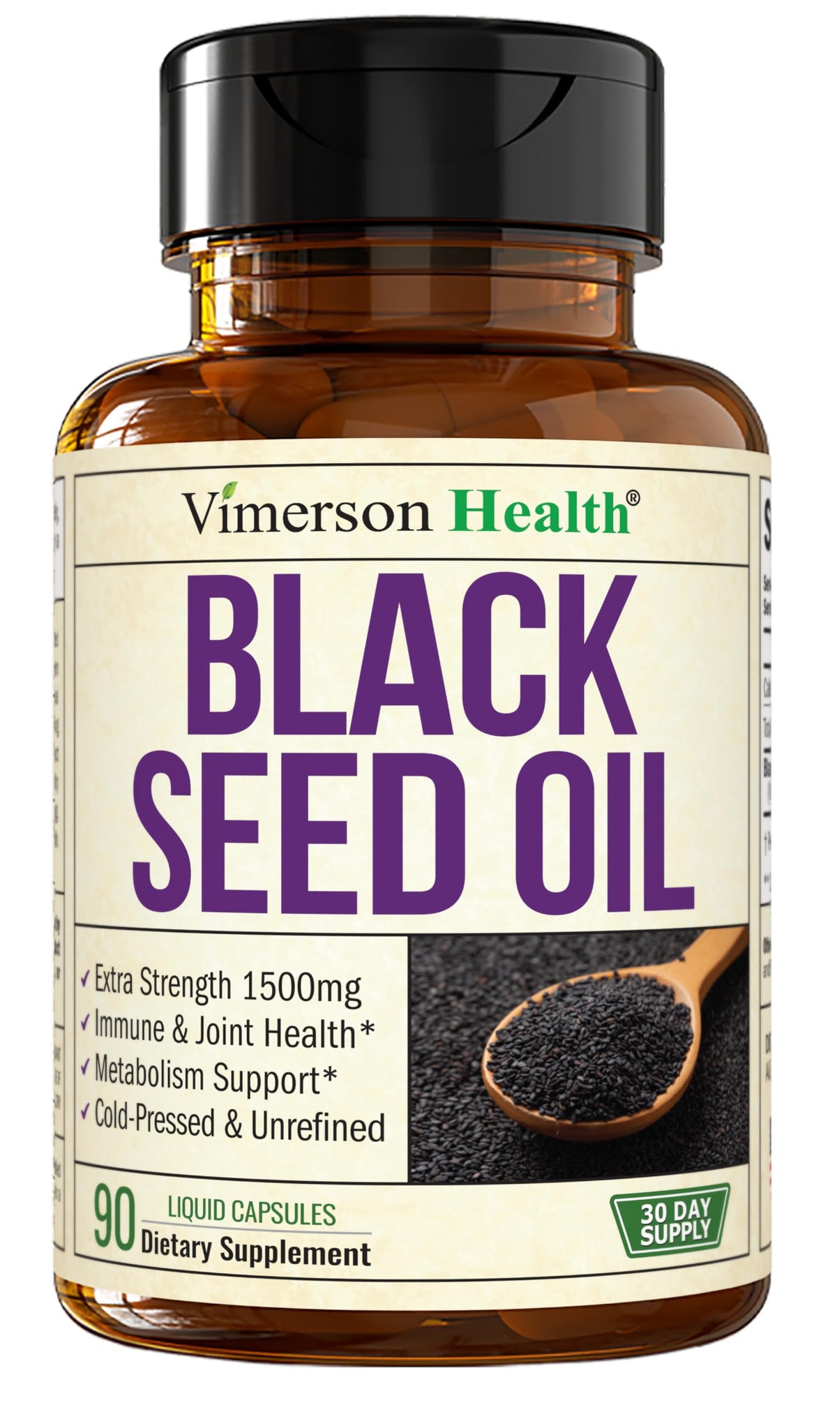 Vimerson Health Black Seed Oil bottle on shelf supports daily wellness and antioxidant intake.
