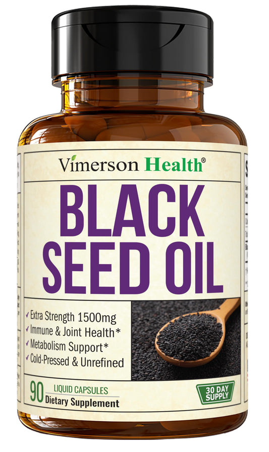 Vimerson Health Black Seed Oil bottle on shelf supports daily wellness and antioxidant intake.