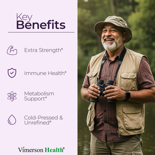 Vimerson Health Black Seed Oil capsules close-up showing high 1500mg serving for immune support.