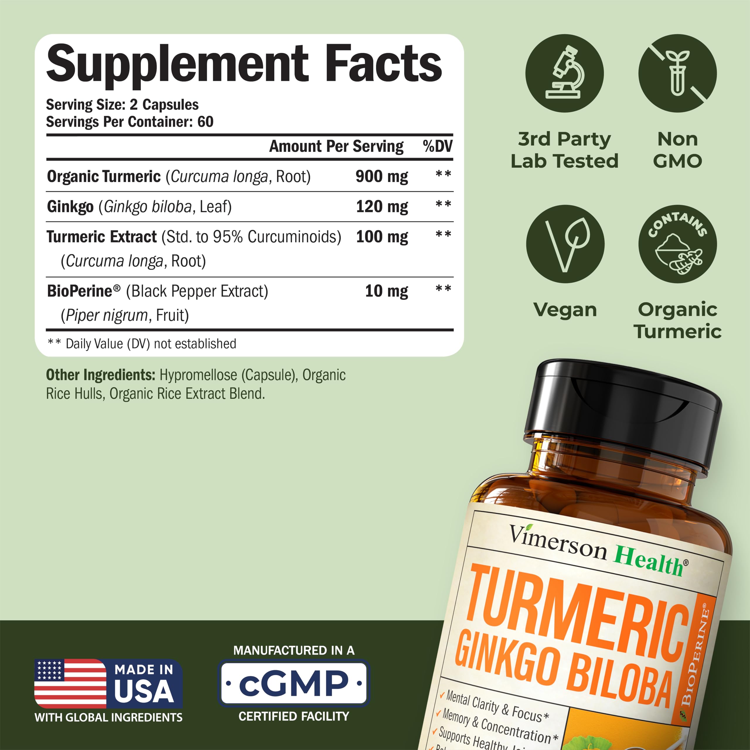 Vimerson Health bottle label close-up showing vegan turmeric blend
