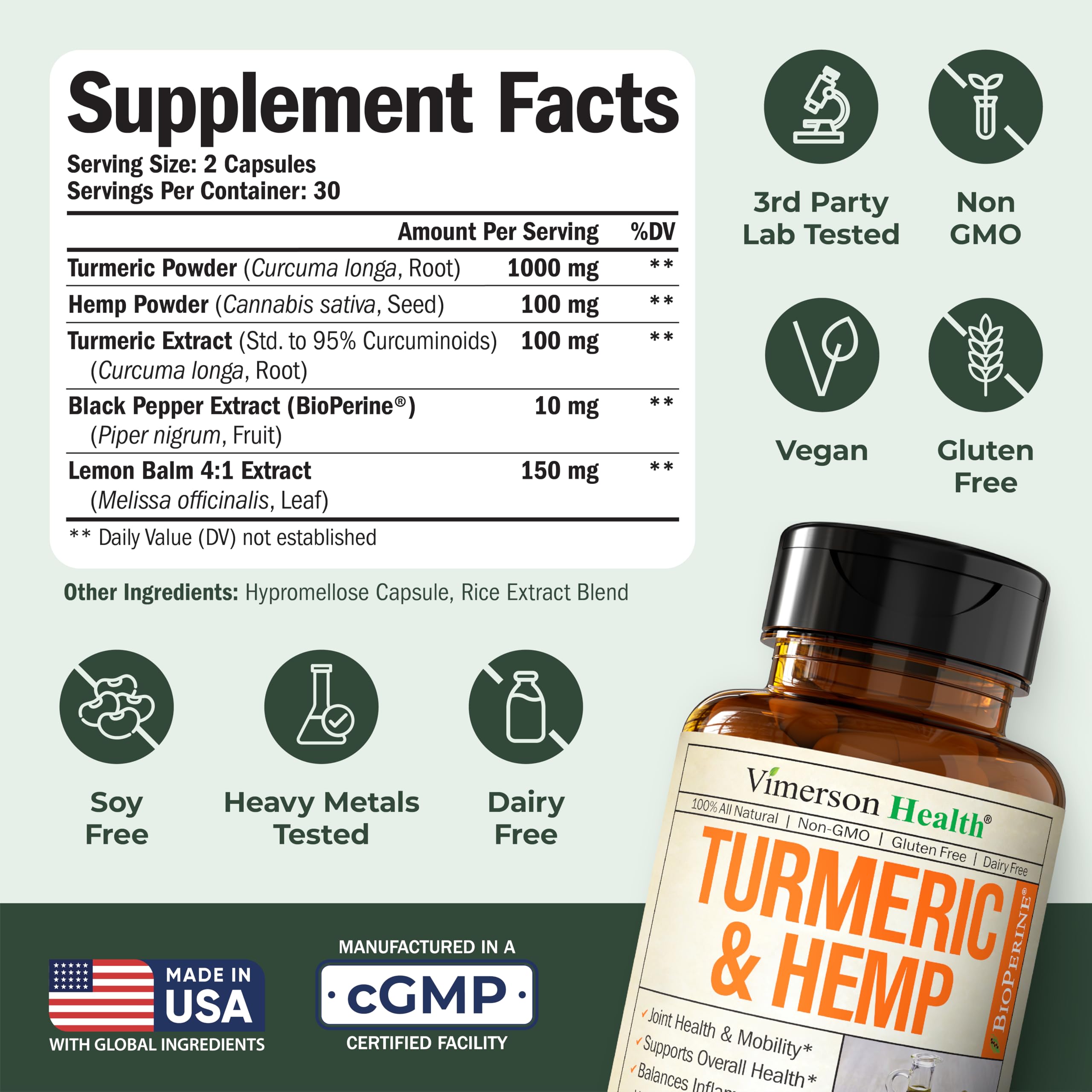 Vimerson Health bottle label shows joint support and wellness focus