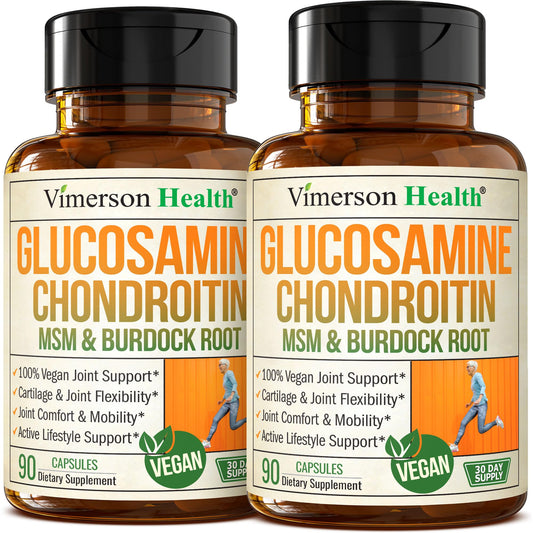 Vimerson Health Glucosamine Chondroitin MSM bottle promotes vegan joint support.