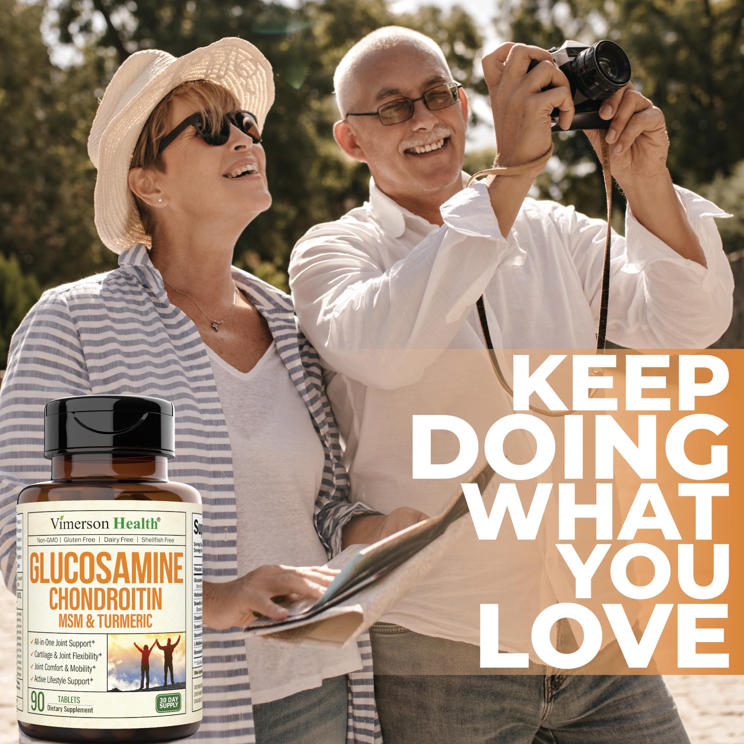 Bathroom shelf featuring Vimerson Health glucosamine-chondroitin-msm daily use.