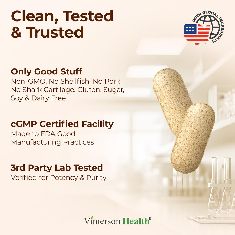 Tablets in hand featuring Vimerson Health glucosamine-chondroitin-msm for mobility.