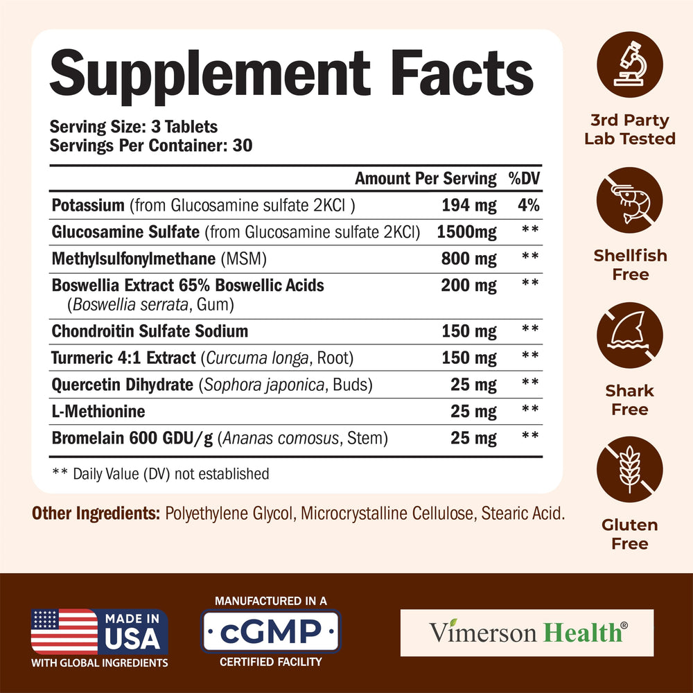 Vimerson Health glucosamine-chondroitin-msm label with ingredients and joint benefits.