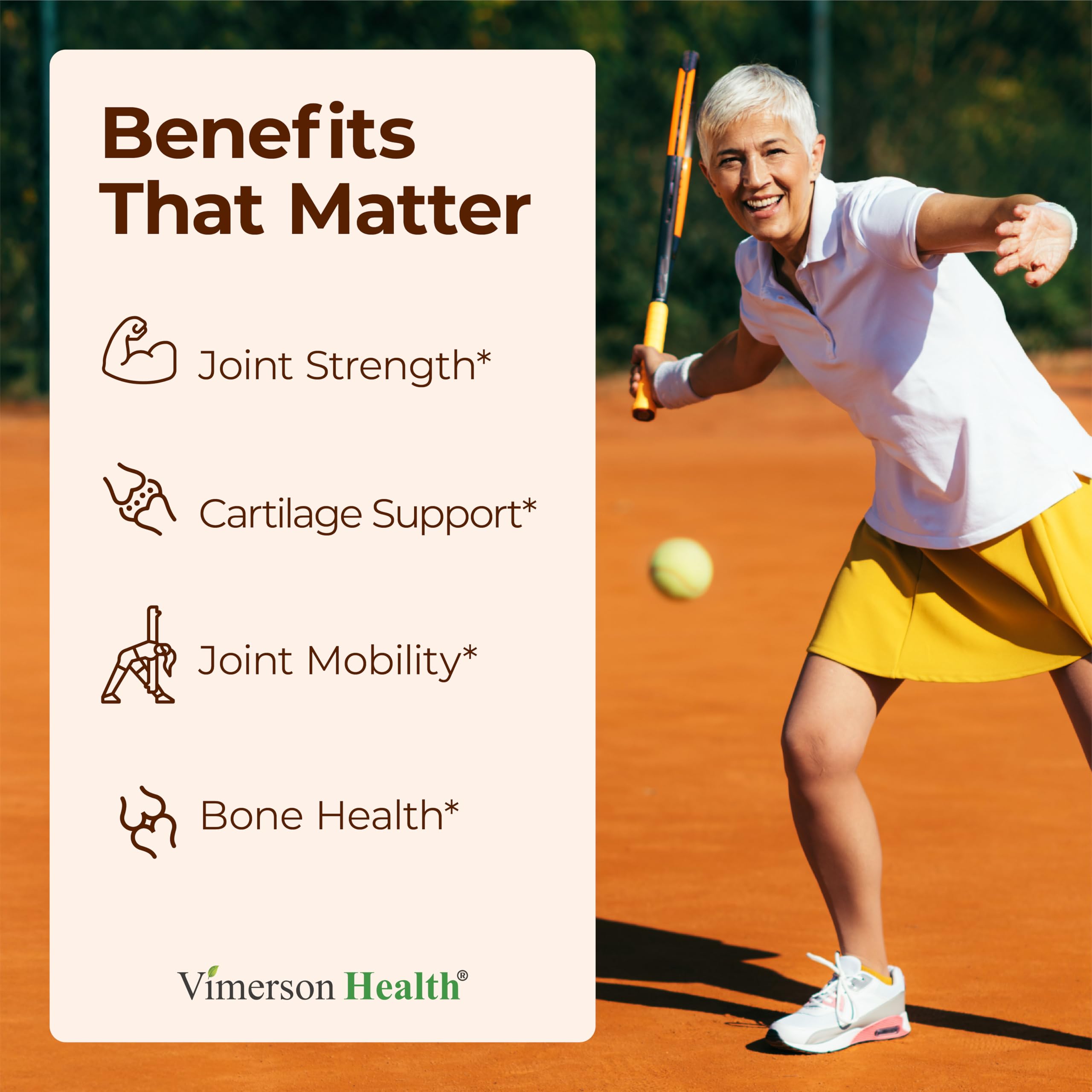 Close-up of Vimerson Health glucosamine-chondroitin-msm tablets for daily mobility.