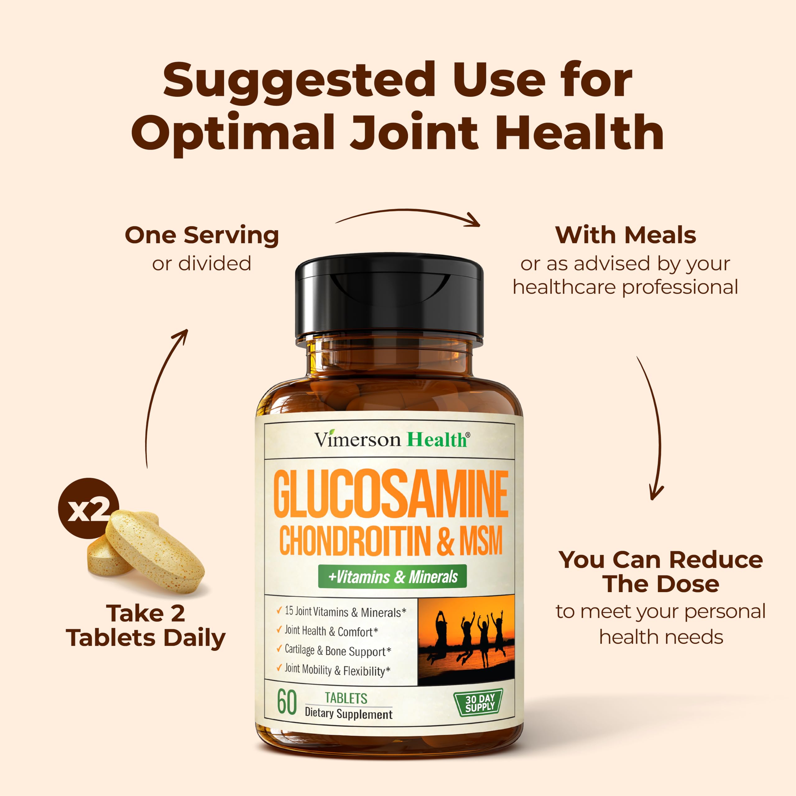 Vimerson Health glucosamine tablets on white surface for daily routine