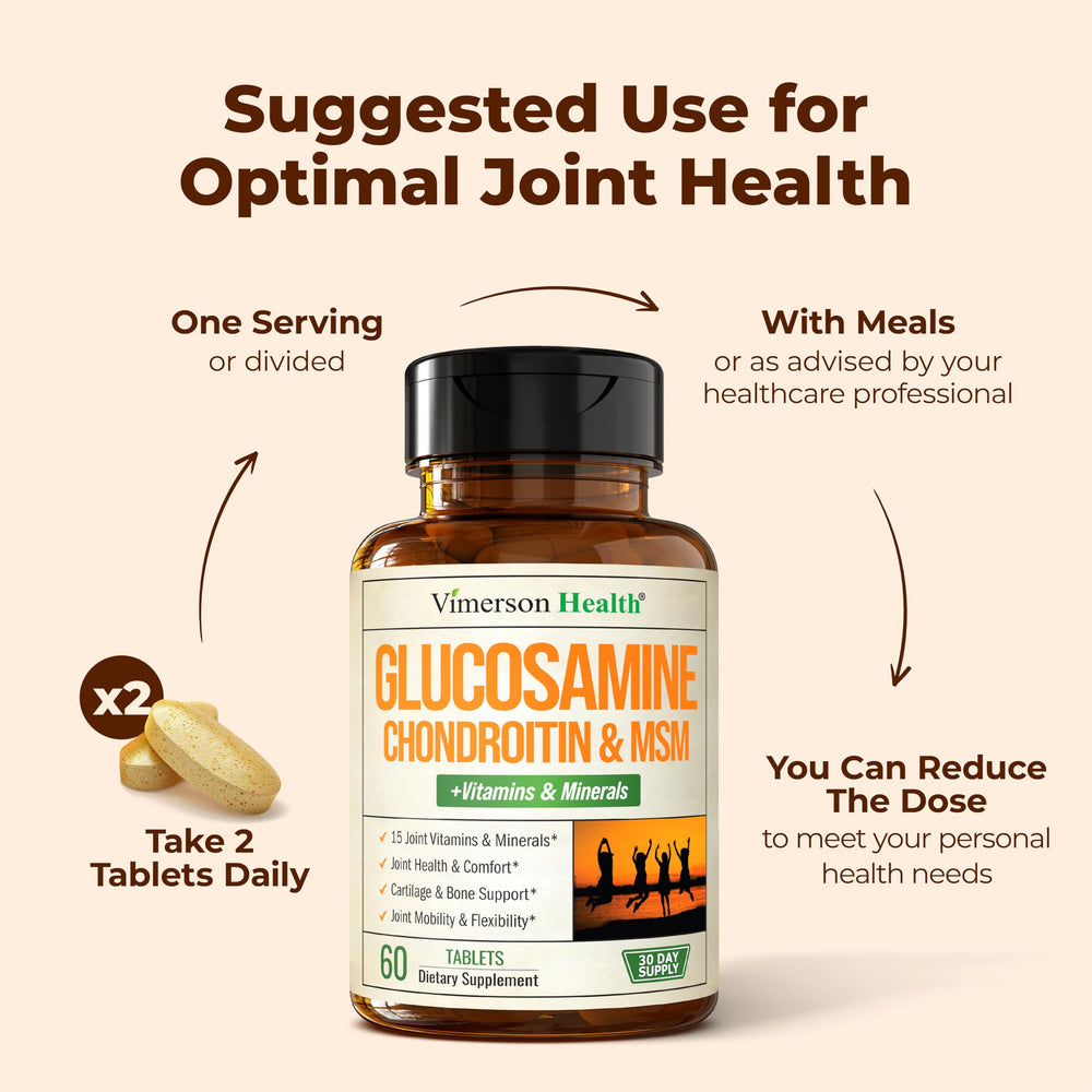 Vimerson Health glucosamine tablets on white surface for daily routine