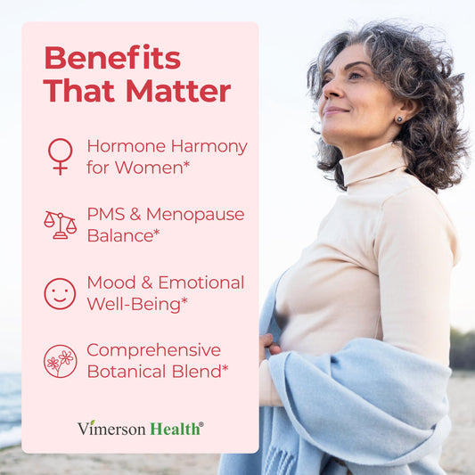 Vimerson Health Hormone Harmony bottle pour demonstrates easy daily dosing for steady energy.