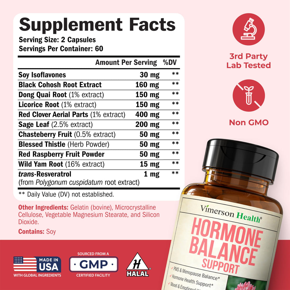 Vimerson Health Hormone Harmony herbal blend bottle emphasizes traditional botanicals.