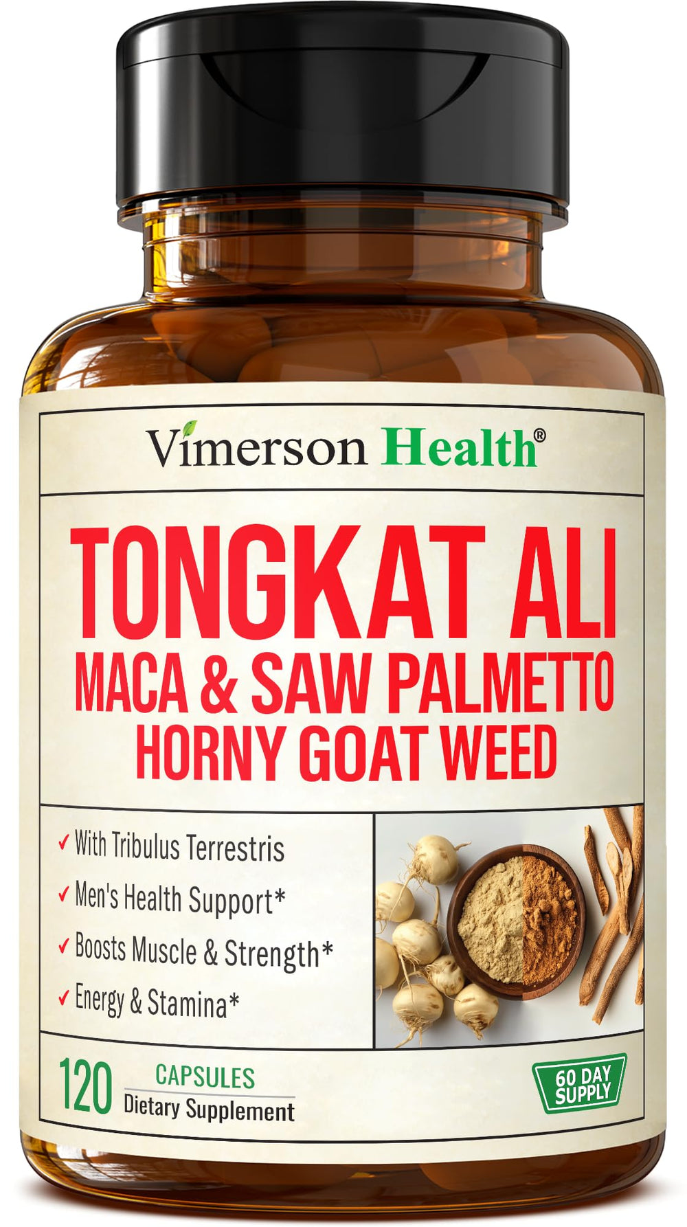 Vimerson Health HornyGoatWeed bottle front supports daily vitality and focus.