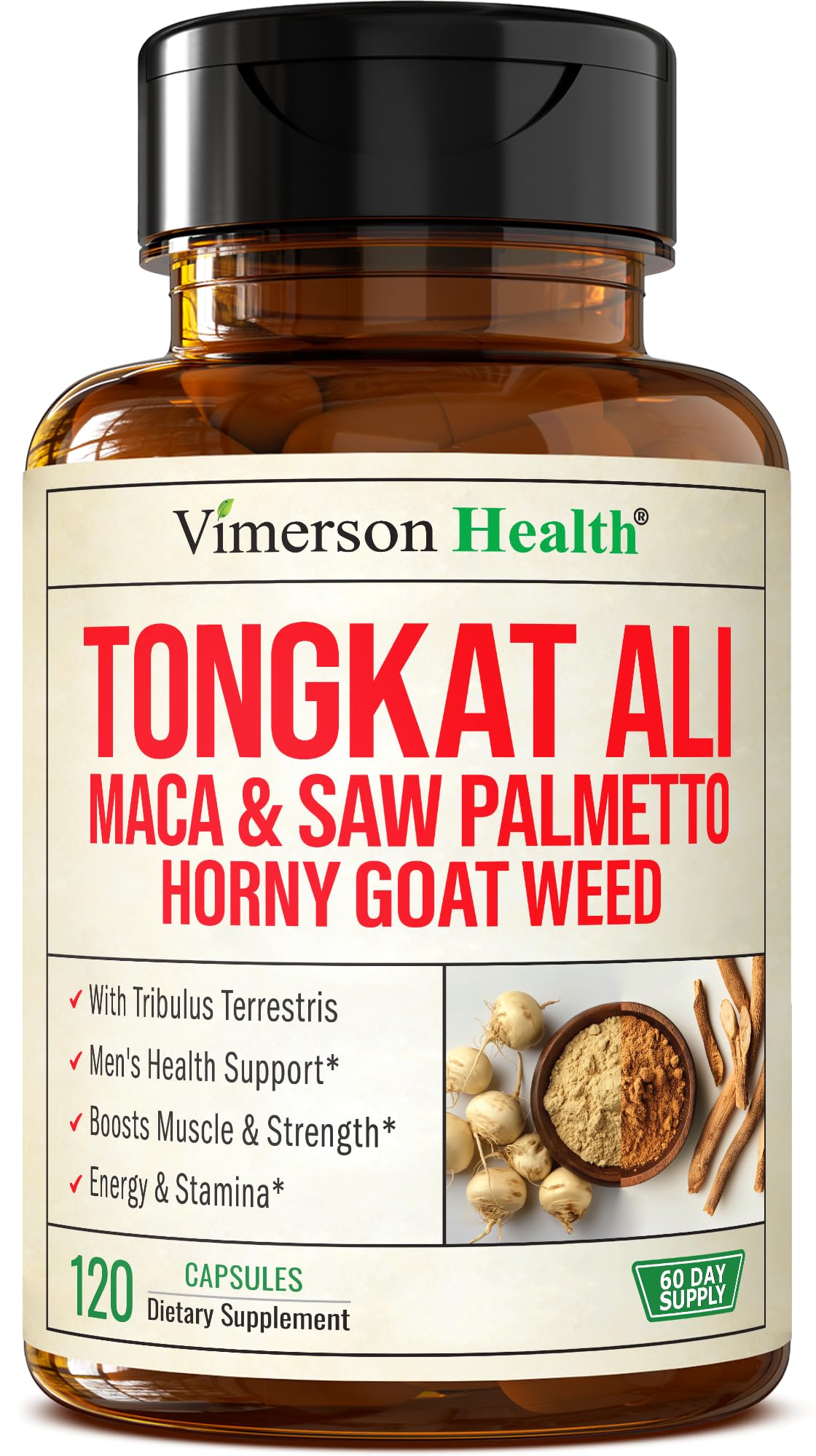Vimerson Health HornyGoatWeed bottle front supports daily vitality and focus.