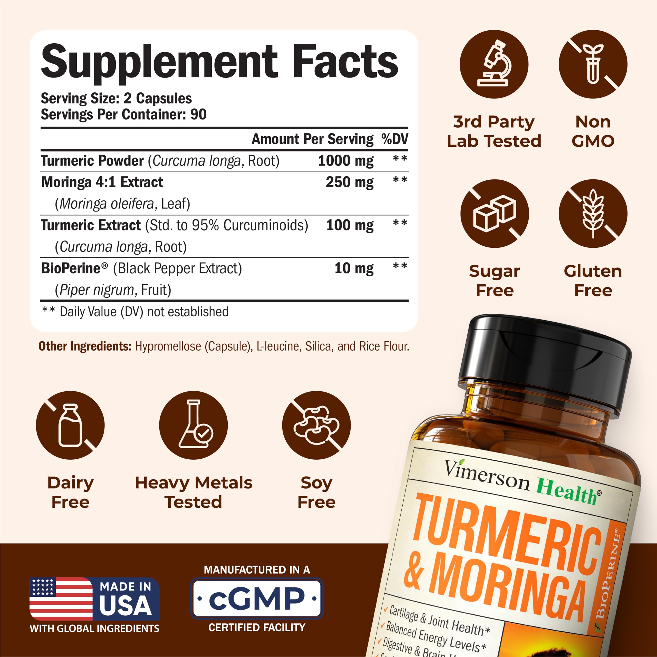 Vimerson Health Moringa leaf extract container; supports energy and immunity.