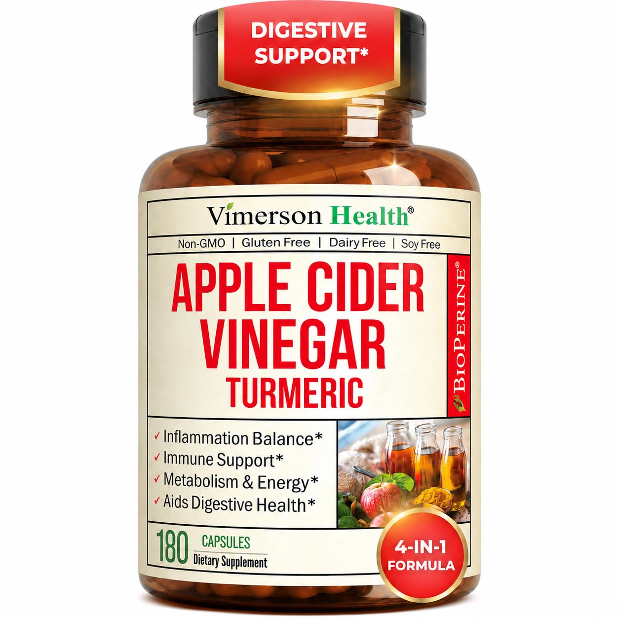 Vimerson Health organic apple cider vinegar turmeric ginger bottle shown for daily wellness