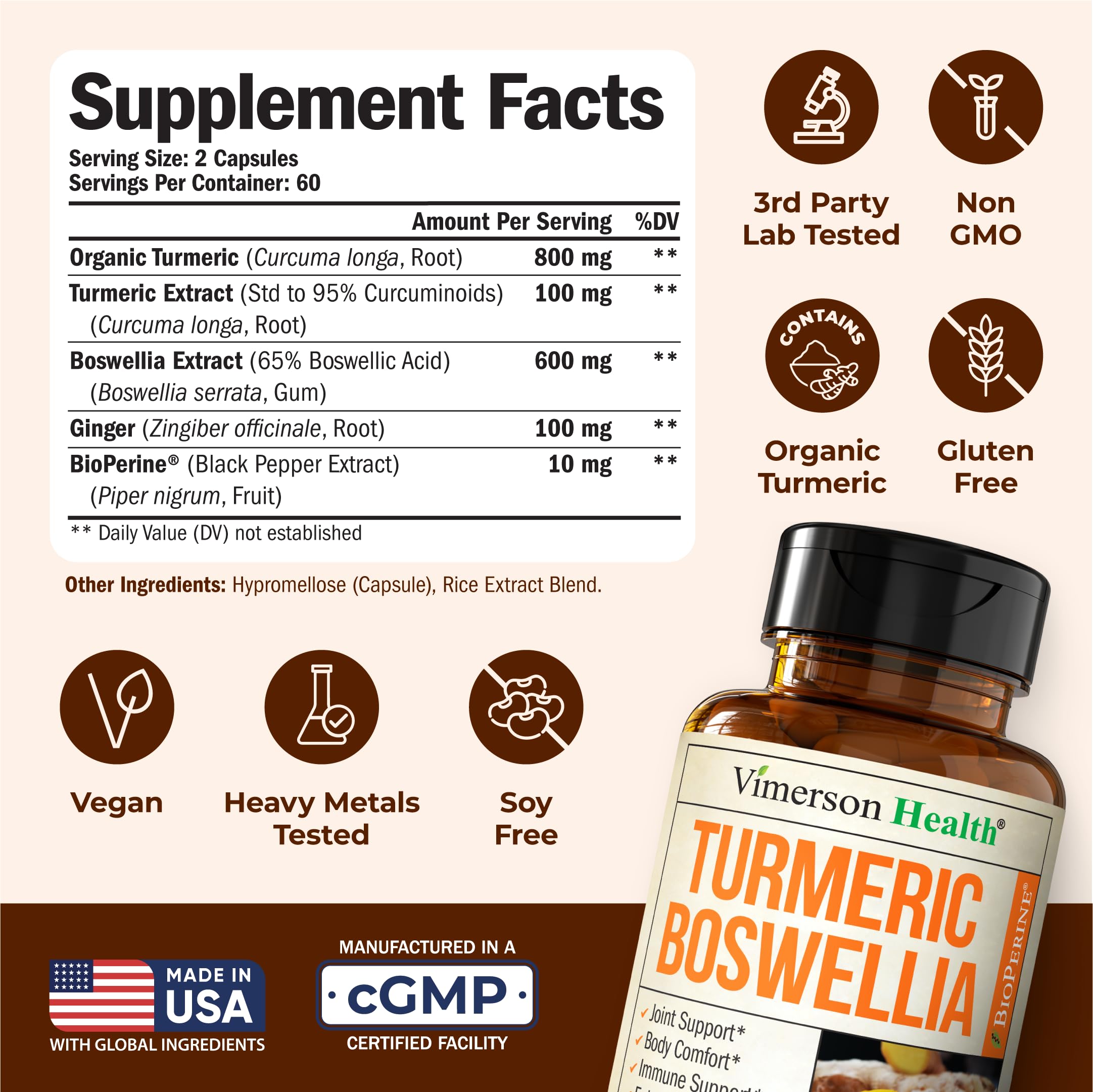 Vimerson Health organic turmeric powder bottle displaying natural ingredients.