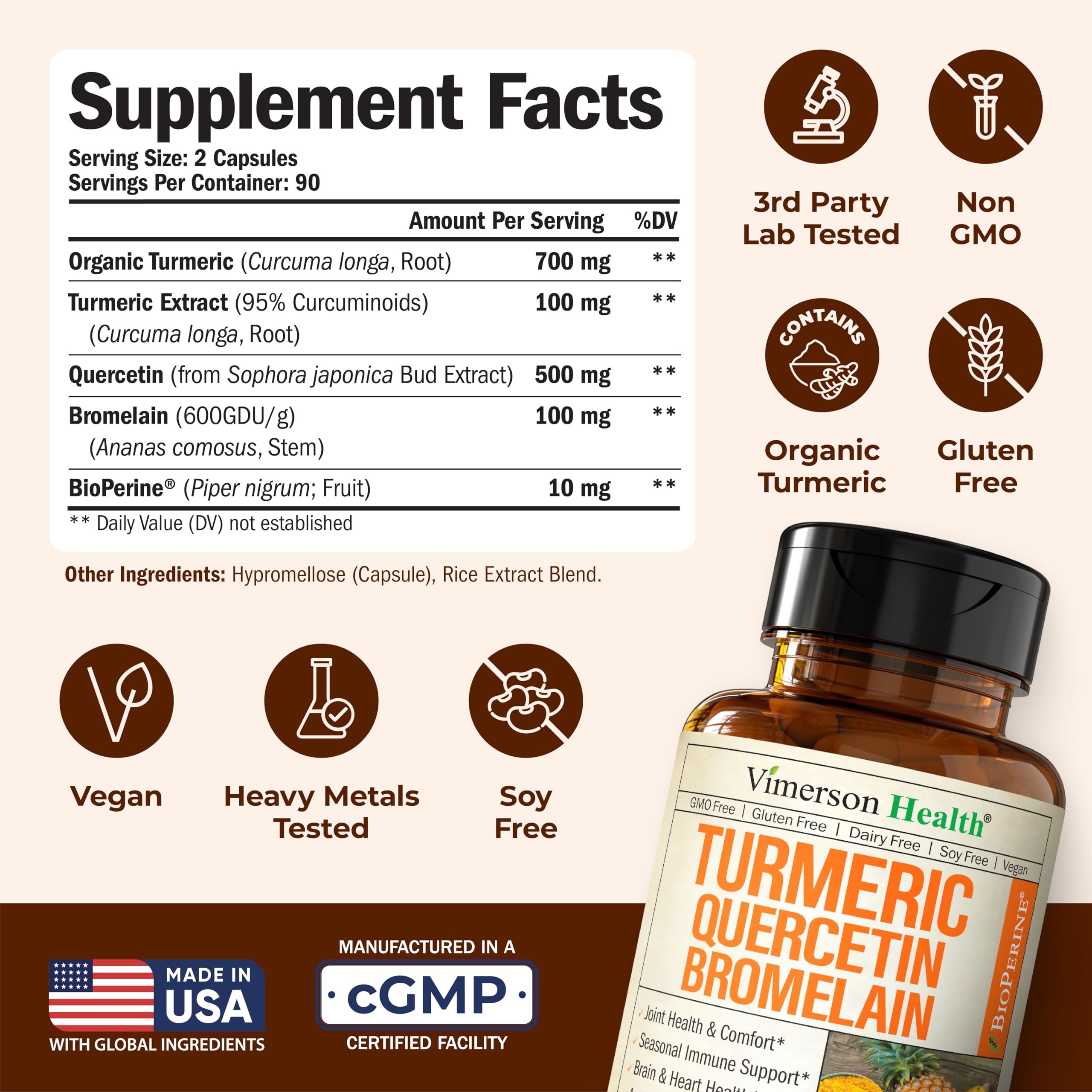 Product label of Vimerson Health Quercetin with Bromelain Turmeric capsules