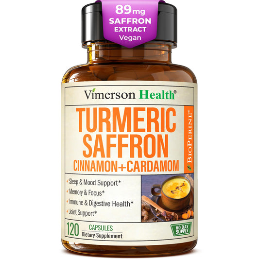 Vimerson Health saffron supplement bottle close-up for mood support and eye health.