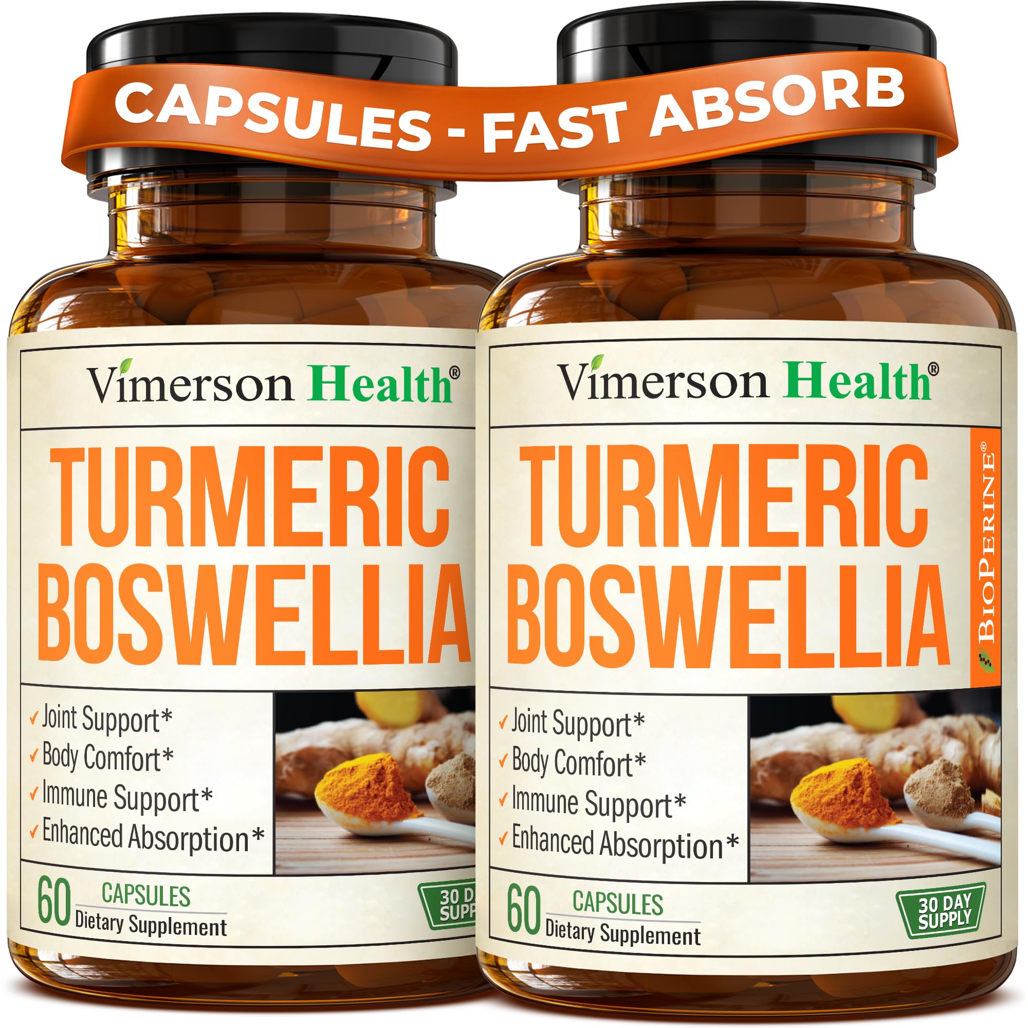 Vimerson Health turmeric-boswellia supplement bottle for daily joint comfort and movement.