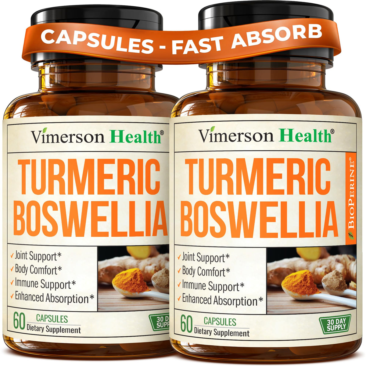 Vimerson Health turmeric-boswellia supplement bottle for daily joint comfort and movement.