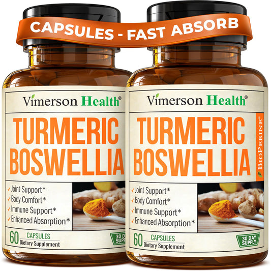 Vimerson Health turmeric-boswellia supplement bottle for daily joint comfort and movement.