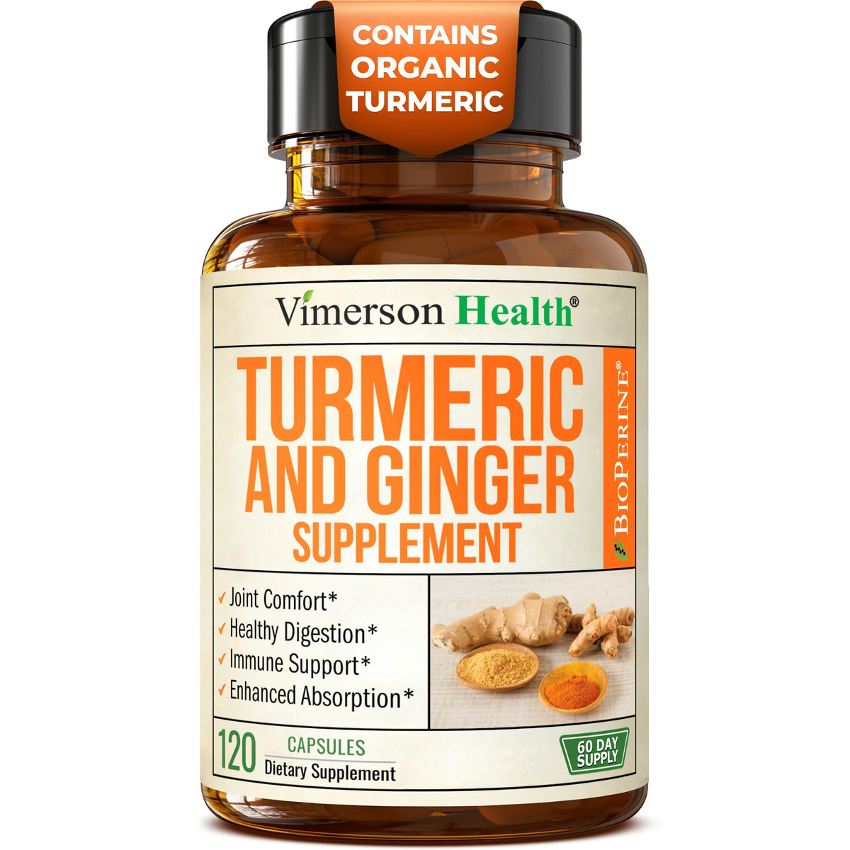 Vimerson Health turmeric-curcumin bottle showing packaging and joint support potential.
