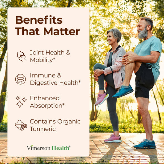Vimerson Health turmeric-curcumin capsules showing vegan capsules for joint comfort