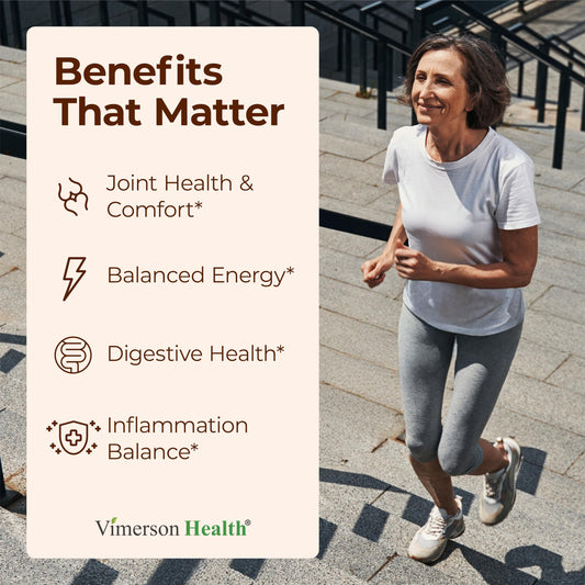 Vimerson Health turmeric-curcumin capsules shown for balanced inflammation and mobility