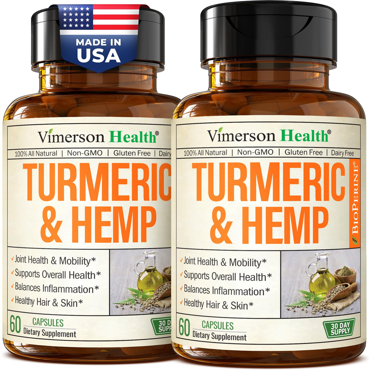 Vimerson Health turmeric-curcumin with hemp seeds bottle suggests joint support potential