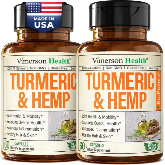 Vimerson Health turmeric-curcumin with hemp seeds bottle suggests joint support potential