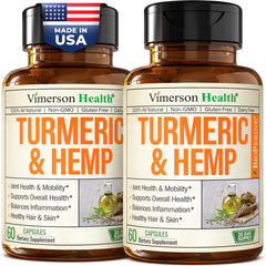 Vimerson Health turmeric-curcumin with hemp seeds bottle suggests joint support potential
