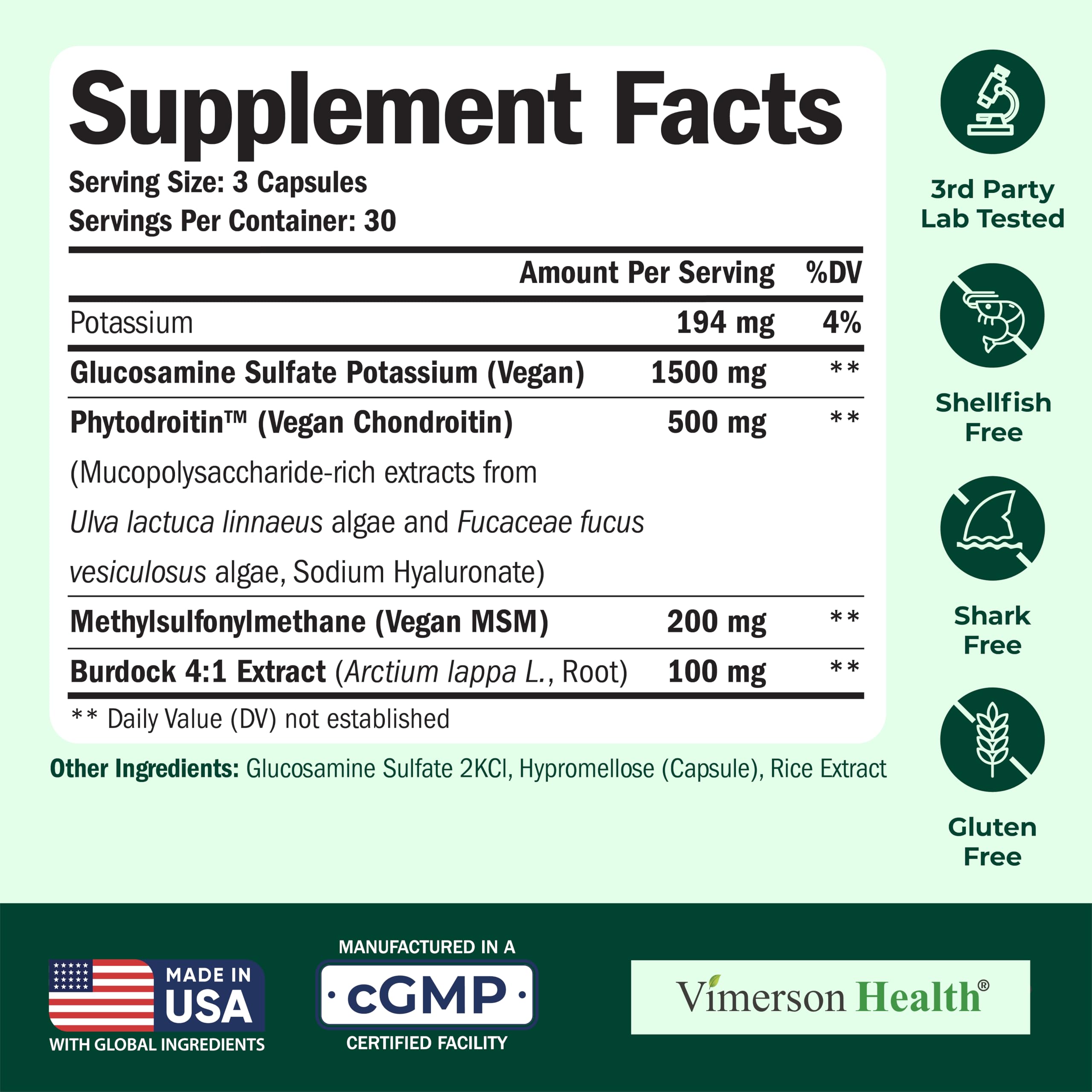 Vimerson Health vegan chondroitin ingredients bottle highlights plant-based joint care.