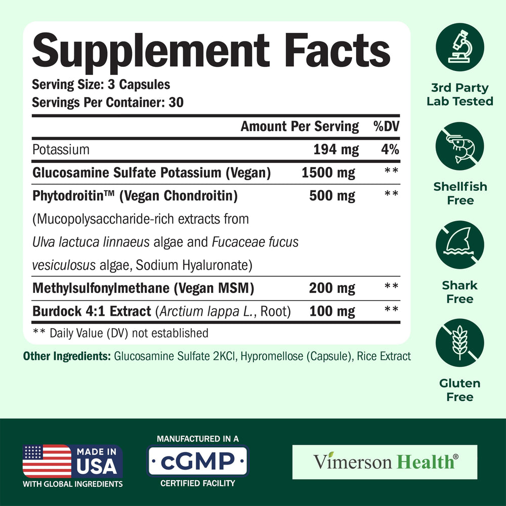 Vimerson Health vegan chondroitin ingredients bottle highlights plant-based joint care.