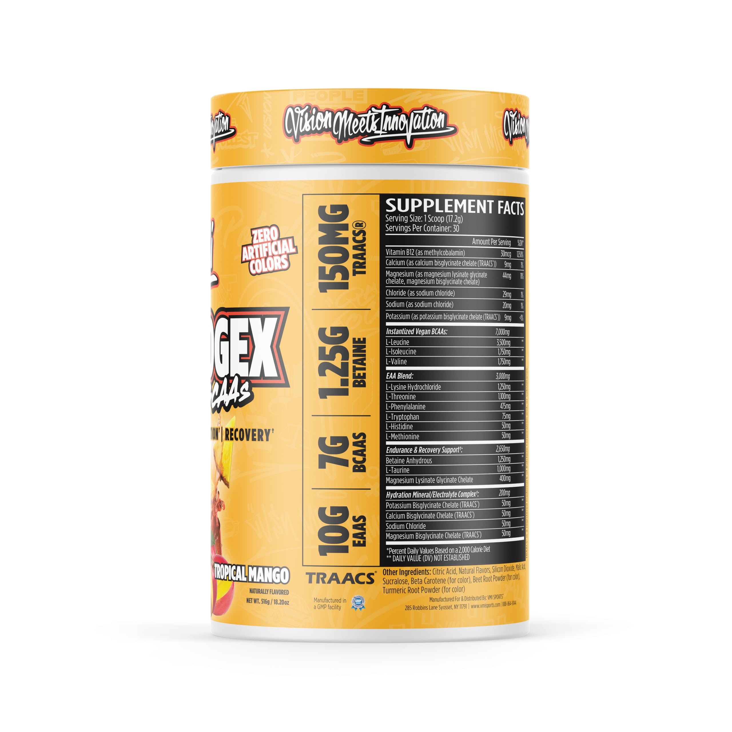 Aminogex Ultra label close-up highlighting electrolytes and BCAAs for hydration support.