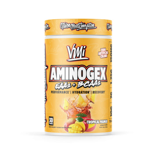 Aminogex Ultra Tropical Mango bottle showing flavor and container details for hydration and recovery.
