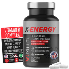 vimulti X-Energy bottle front, ideal for busy mornings and sustained energy.