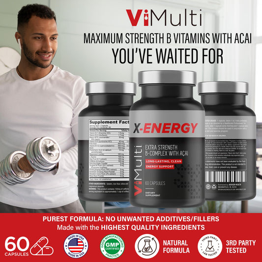 vimulti X-Energy capsules close-up, showing caffeine and energizing blend.