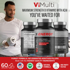 vimulti X-Energy capsules close-up, showing caffeine and energizing blend.