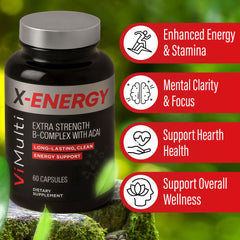 vimulti X-Energy label close-up, highlighting B vitamins and adaptogens.