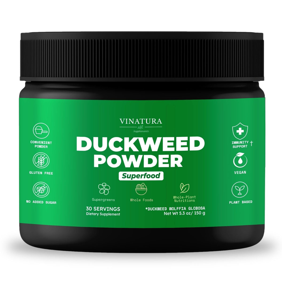 VINATURA Duckweed Powder tub closeup shows pure green superfood for daily use.