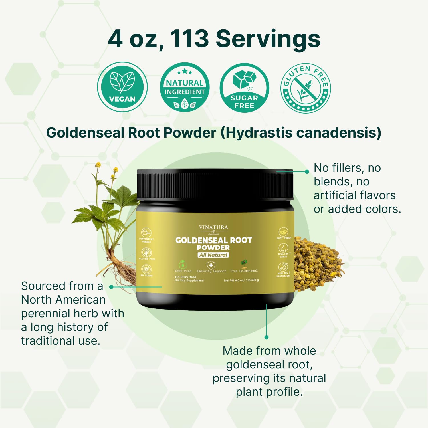 VINATURA Goldenseal Powder packaging emphasizes USA-made, cGMP quality.