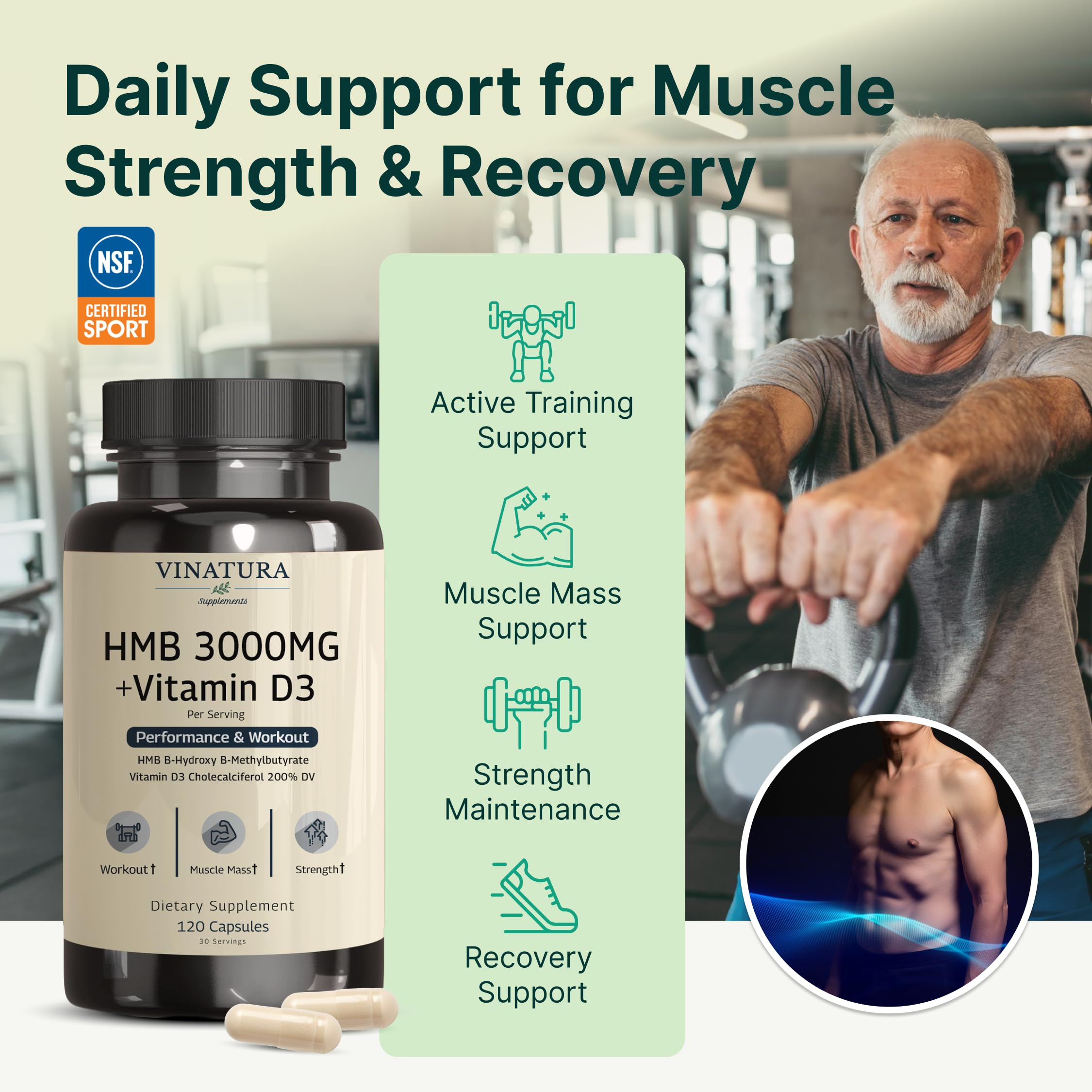 VINATURA HMB 3000mg with Vitamin D3 label highlighting key ingredients