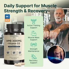 VINATURA HMB 3000mg with Vitamin D3 label highlighting key ingredients