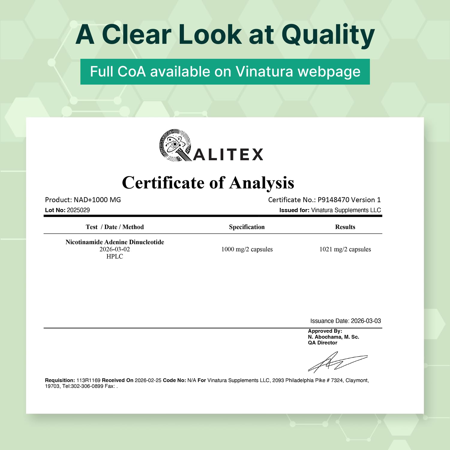 VINATURA NAD+ 1000mg allergen-free icons on packaging